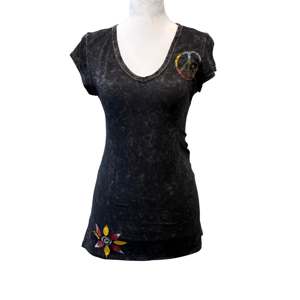 T-Party‎ V-Neck Top Womens Small Gray Studded Peace Sign Mineral Acid Wash Y2K